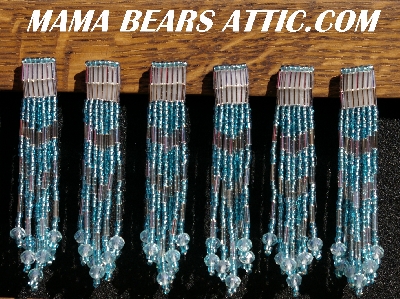 MBA #5633A-1381  "Aqua Bule & Silver Set Of 6 Glass Bead Fringe Pins"
