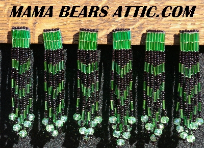 MBA #5633A-1397  "Green & Black Set Of 6 Glass Bead Fringe Pins"