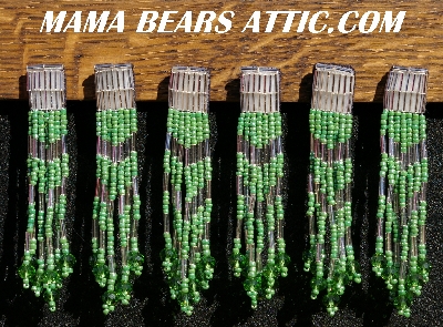 MBA #5633A-1421  "Green & Silver Set Of 6 Glass Bead Fringe Pins"