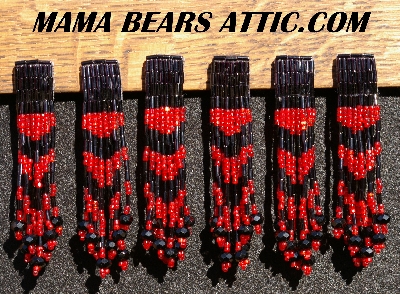 MBA #5633A-1524  "Satin Red & Black Set Of 6 Glass Bead Fringe Pins"