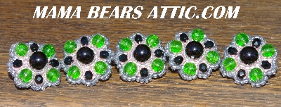 MBA #5633A-1535  "Black, Green & Silver Set Of 5 Mini Glass Bead Brooch Pins"
