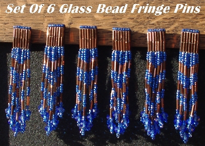 MBA #5633B-3774  "Metallic Blue & Copper Set Of 6 Glass Bead Fringe Pins"
