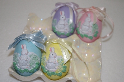 +MBA #12-005  1990's Set Of 4 Hand Carved Ceramic Bunny Eggs