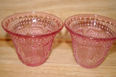 +MBA #13-154     "Set Of 2 Pink Glass Floral & Hobnail Embossed Votive Candle Holders