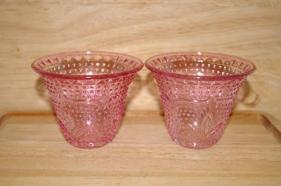 +MBA #13-154     "Set Of 2 Pink Glass Floral & Hobnail Embossed Votive Candle Holders