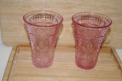 +MBA #13-046A    "Set Of 2 Pink Glass Floral & Hobnail Embosed Water Glasses