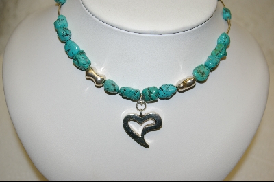 +  " Blue Turqioise Nuggett & Heart Charm Necklace