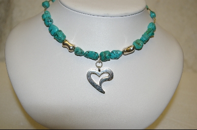 +  " Blue Turqioise Nuggett & Heart Charm Necklace