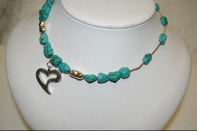 +  " Blue Turqioise Nuggett & Heart Charm Necklace