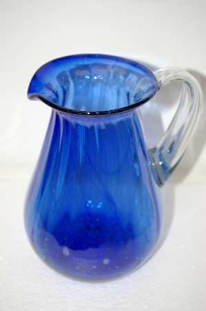 +MBA #11-035   2003 Beautiful Blue Art Glass Hand Made Water Pitcher