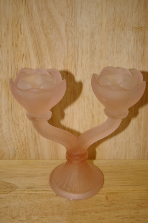 +MBA #14-032A    "Pink Satin Glass Double Rose Candle Holder