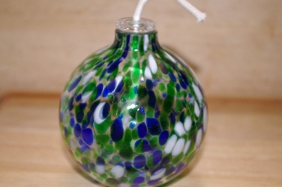 +MBA #14-258   "2002 Hand Blown Blue,Green & White Glass Oil Lamp"