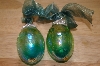 +MBA #15-038  Set Of 2 Iredescent Blue/Green Hand Blown Egg Ornaments