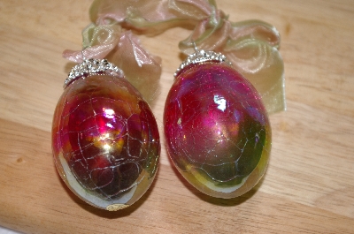 +MBA #15-034  Set Of 2 Pink/Green Iredescent Crackle Glass Egg Ornaments