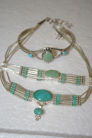 +MBA #16-553   "1990's"  3 Piece Liquid Silver & Green Turquoise Set