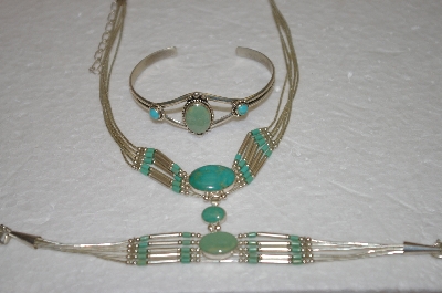 +MBA #16-553   "1990's"  3 Piece Liquid Silver & Green Turquoise Set