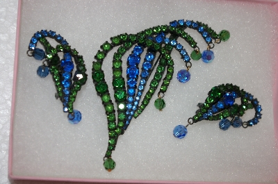 +MBA  3 Piece Antique Green & Blue Crystal Pin & Earring Set