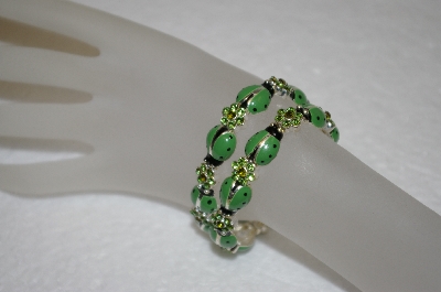 +MBA #16-530  Set Of 2 Stretch Green Enameled LadyBug & Green Crystal Bracelets