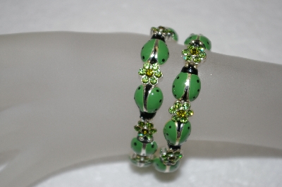+MBA #16-530  Set Of 2 Stretch Green Enameled LadyBug & Green Crystal Bracelets