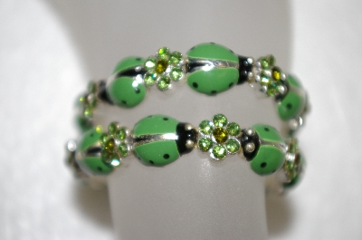 +MBA #16-530  Set Of 2 Stretch Green Enameled LadyBug & Green Crystal Bracelets