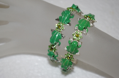+MBA #16-524  Set Of 2 Hand Enameled Green Frog Crystal Stretch Bracelets