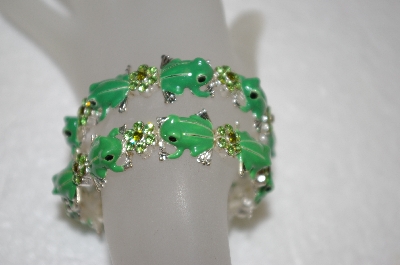 +MBA #16-524  Set Of 2 Hand Enameled Green Frog Crystal Stretch Bracelets