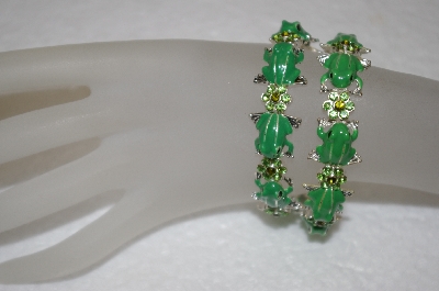+MBA #16-524  Set Of 2 Hand Enameled Green Frog Crystal Stretch Bracelets