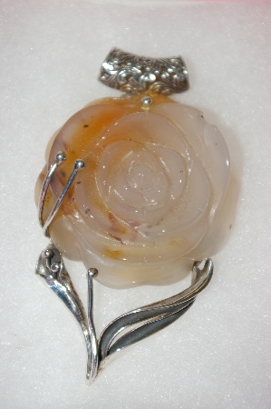 +MBA #16-537  MBA #16-537  "Large Hand Carved Gemstone Rose Pendant Set In Sterling