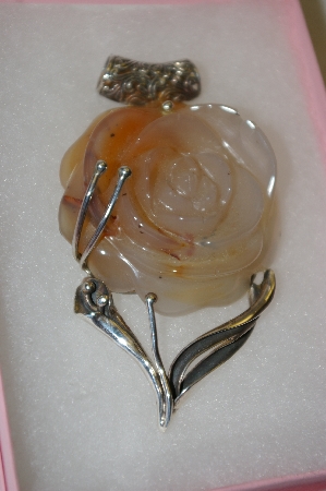 +MBA #16-537  MBA #16-537  "Large Hand Carved Gemstone Rose Pendant Set In Sterling