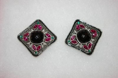 +MBA #16-555  Square Pink, Green & Black Crystal Clip On Earrings