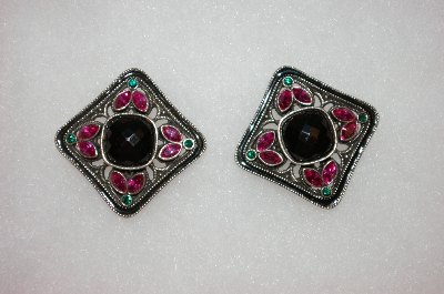 +MBA #16-555  Square Pink, Green & Black Crystal Clip On Earrings