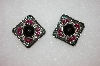 +MBA #16-555  Square Pink, Green & Black Crystal Clip On Earrings