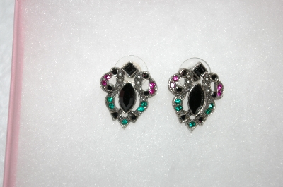 +MBA #16-580  Small Pierced Black, Green & Pink Crystal Earrings