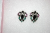 +MBA #16-580  Small Pierced Black, Green & Pink Crystal Earrings