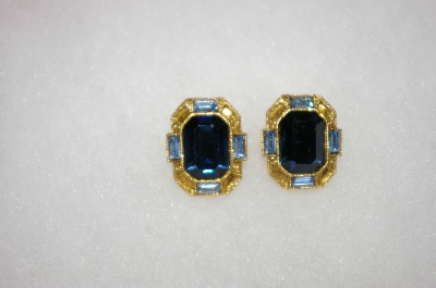 +MBA #16-568  Square Goldtone Blue Crystal Clip On Earrings
