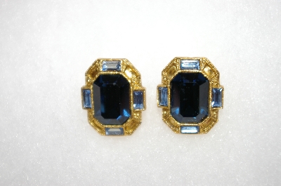 +MBA #16-568  Square Goldtone Blue Crystal Clip On Earrings