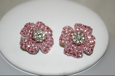 +  Pair Of Clip On Pink Crystal Flower Earrings
