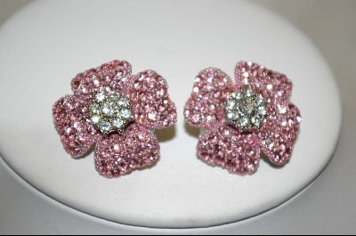 +  Pair Of Clip On Pink Crystal Flower Earrings