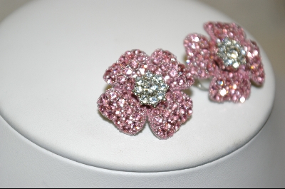+  Pair Of Clip On Pink Crystal Flower Earrings
