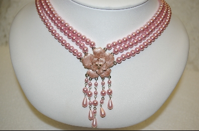 +  "2004  Majestic Simulated Pink  Pearl Three Strand Necklace