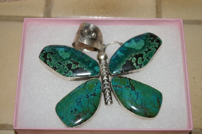 +MBA #16-108   "Artist "Gary G."  Signed Large Green Turquoise Butterfly Pendant