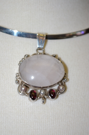 +MBA #16-299  Sterling Rose Quartz,Garnet & Pearl Pendant