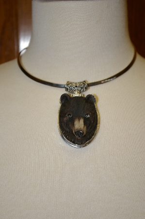 +MBA #16-165  Artist Signed Hand Carved & Painted Sterling Bear Pendant