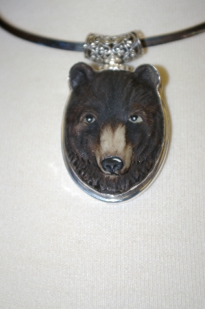 +MBA #16-165  Artist Signed Hand Carved & Painted Sterling Bear Pendant