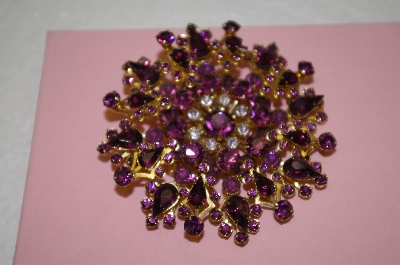 +MBA #16-472  Large Antique Gold Toned Purple Glass Brooch