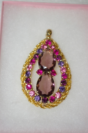 +MBA #16-497  Antique Gold Toned Pink & Purple Glass Large Pendant