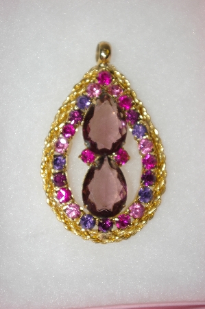 +MBA #16-497  Antique Gold Toned Pink & Purple Glass Large Pendant