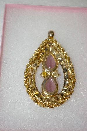 +MBA #16-497  Antique Gold Toned Pink & Purple Glass Large Pendant