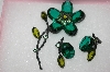 +MBA #16-548  Antique Green Glass Flower Pin & Earring Set