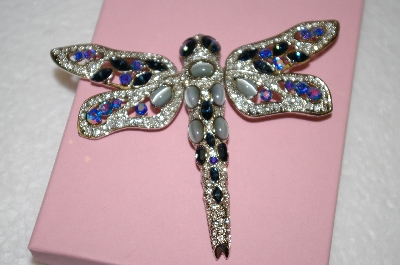 +MBA #16-584  Large Beautiful Blue & Clear Crystal Dragonfly Pin